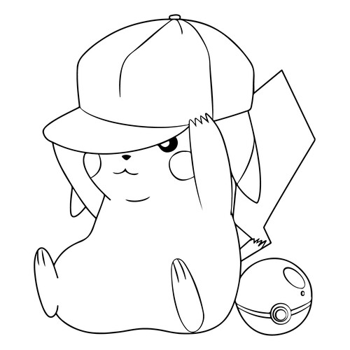 Pikachu in a Cap and Poké Ball Coloring Page free printable Pikachu Coloring Pages coloring page