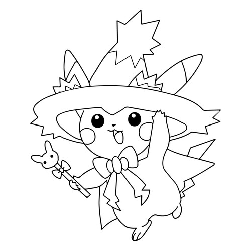 Pikachu in a Witch Costume Coloring Page free printable Pikachu Coloring Pages coloring page