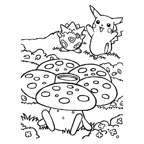 Pikachu, Vileplume and Togepi Coloring Page free printable Pikachu Coloring Pages coloring page