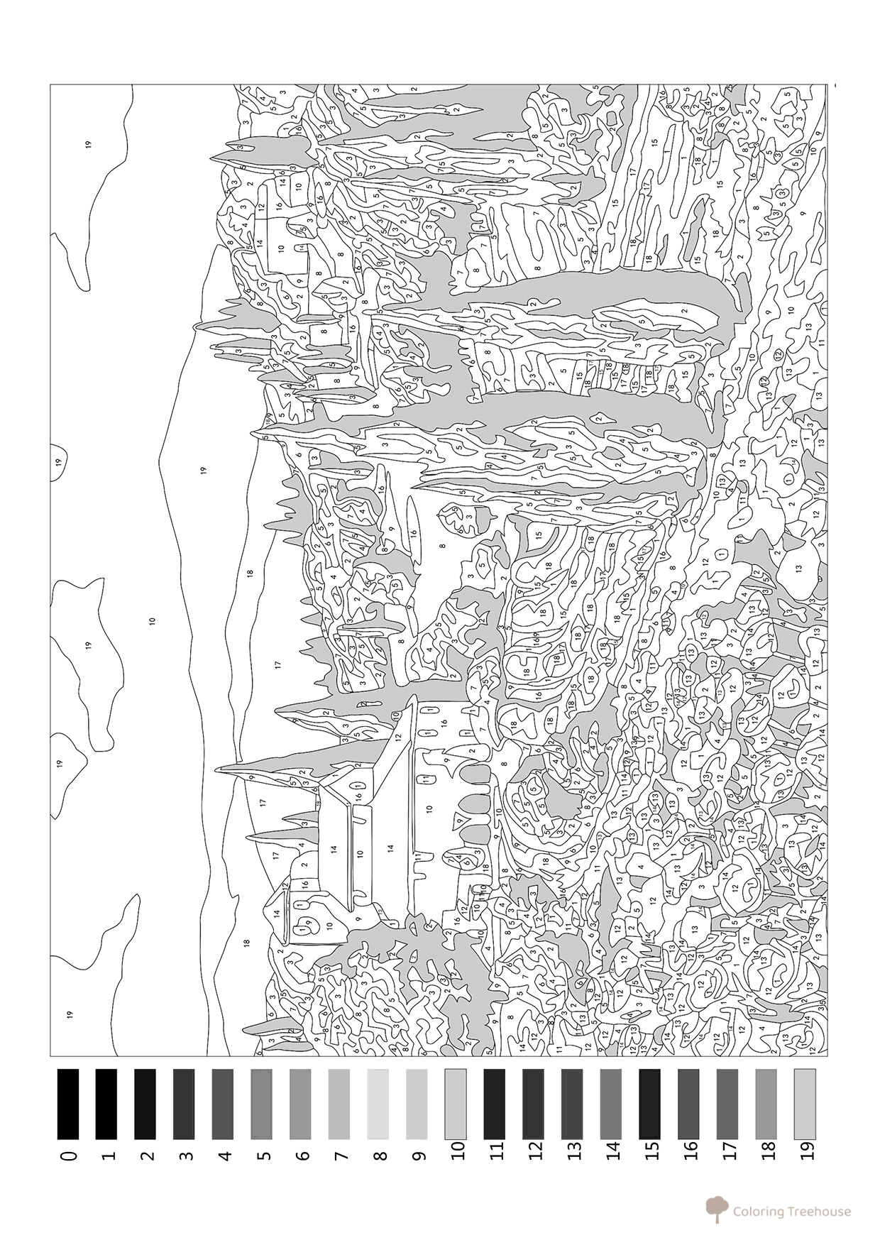 Página para colorear «Iglesia en las montañas por números — difícil» dibujo para colorear gratis de Pintar por números para adultos