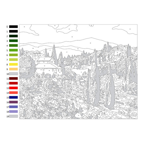 Church in the Mountains Color-by-Numbers — Difficult free printable Adult Paint by Numbers Coloring Pages coloring page