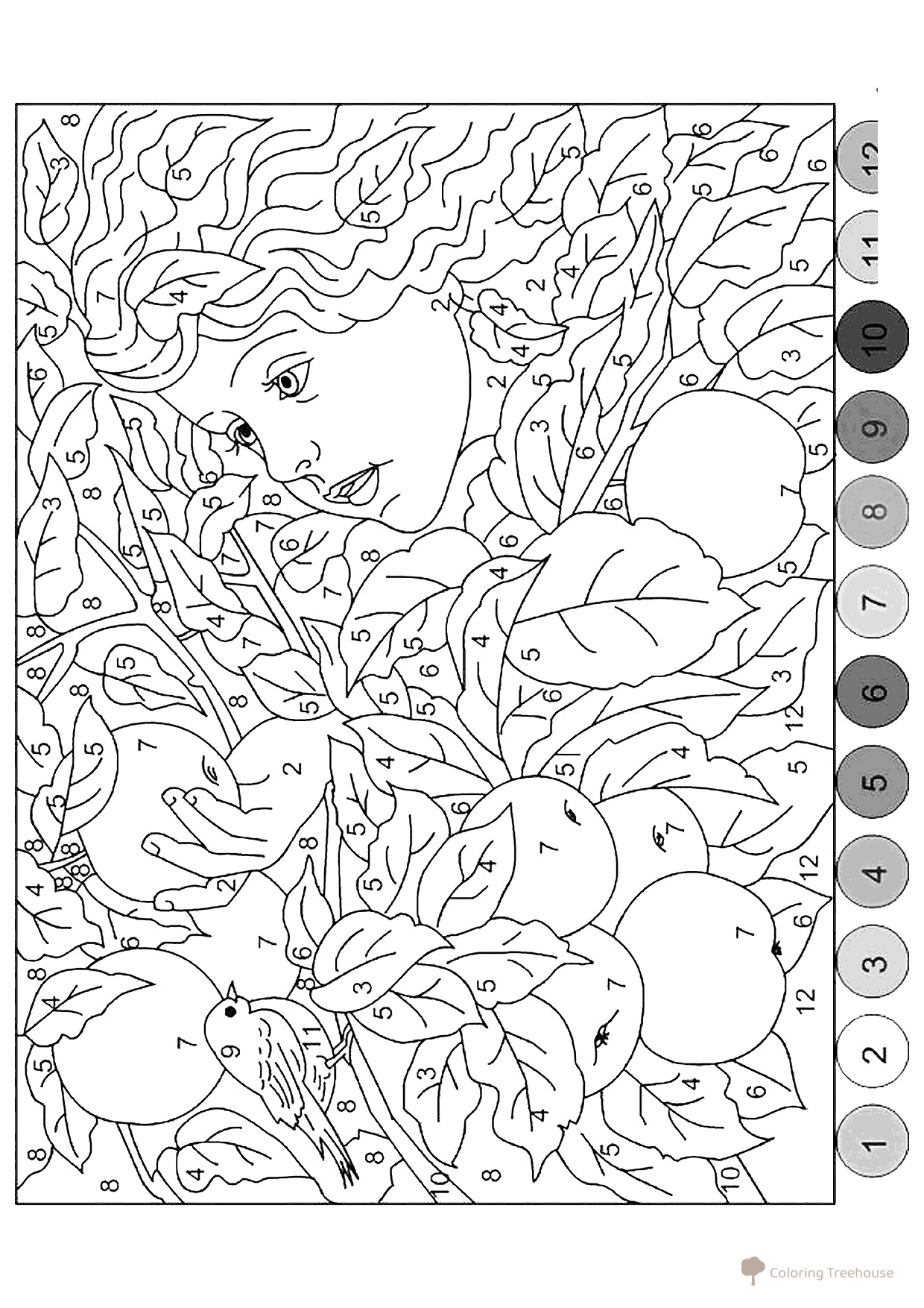 Página para colorear «Niña recogiendo una manzana por números» dibujo para colorear gratis de Pintar por números para adultos