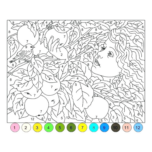 Paint-by-Number Coloring Page: Girl Picking an Apple free printable Adult Paint by Numbers Coloring Pages coloring page