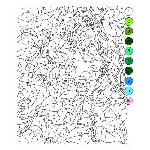 Paint-by-Number Coloring Page — Woman in Flowers (for Adults) free printable Adult Paint by Numbers Coloring Pages coloring page