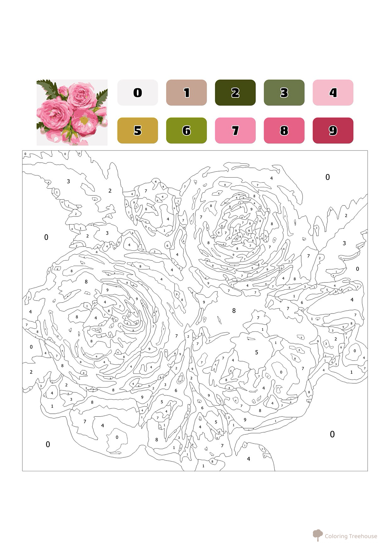 Roses Color by Numbers for Adults free printable Adult Paint by Numbers Coloring Pages coloring page