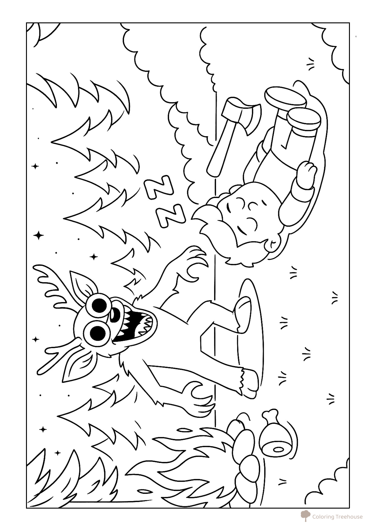 Página para colorear «El ciervo encontró a un jugador dormido» dibujo para colorear gratis de Páginas para colorear «99 noches en el bosque»