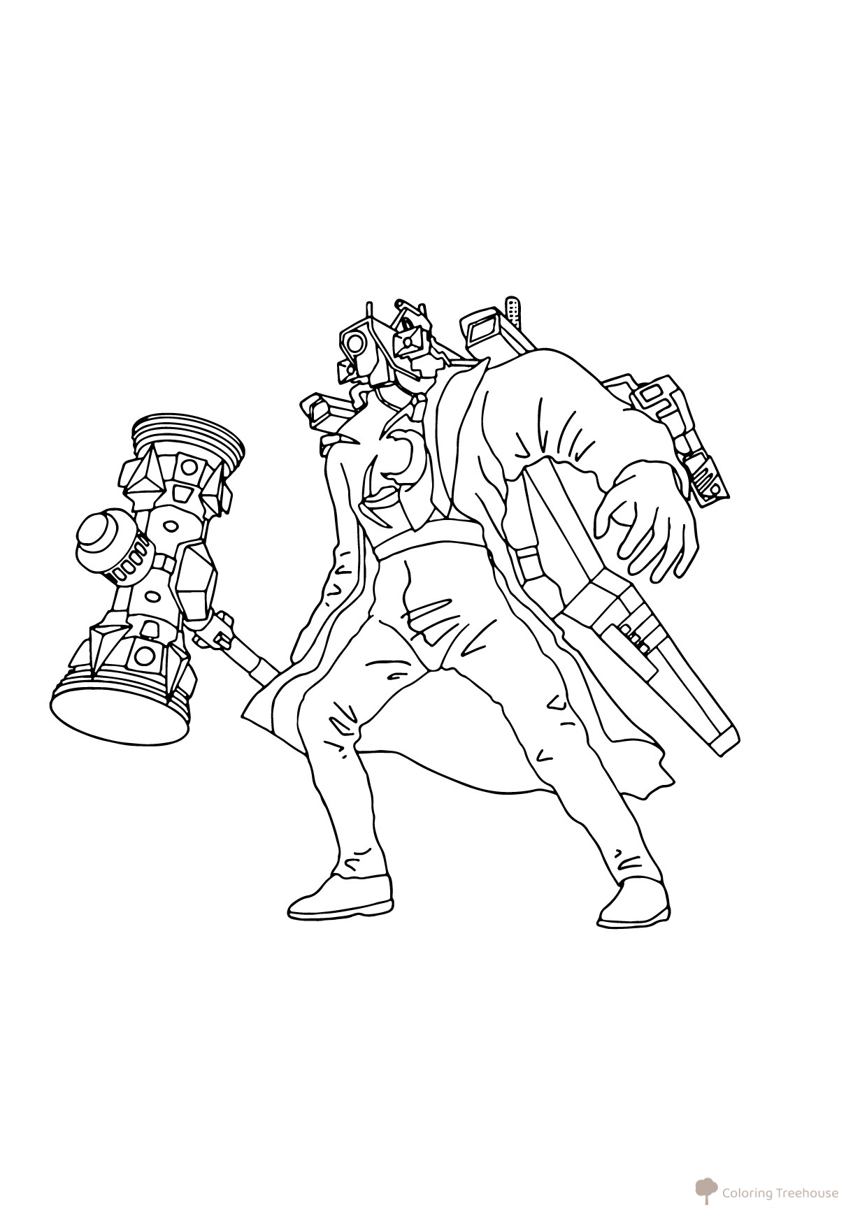 Página para colorear: Titán КамераМен con martillo dibujo para colorear gratis de Páginas para colorear de KameraMen (КамераМен) de la serie Skibidi Toilet