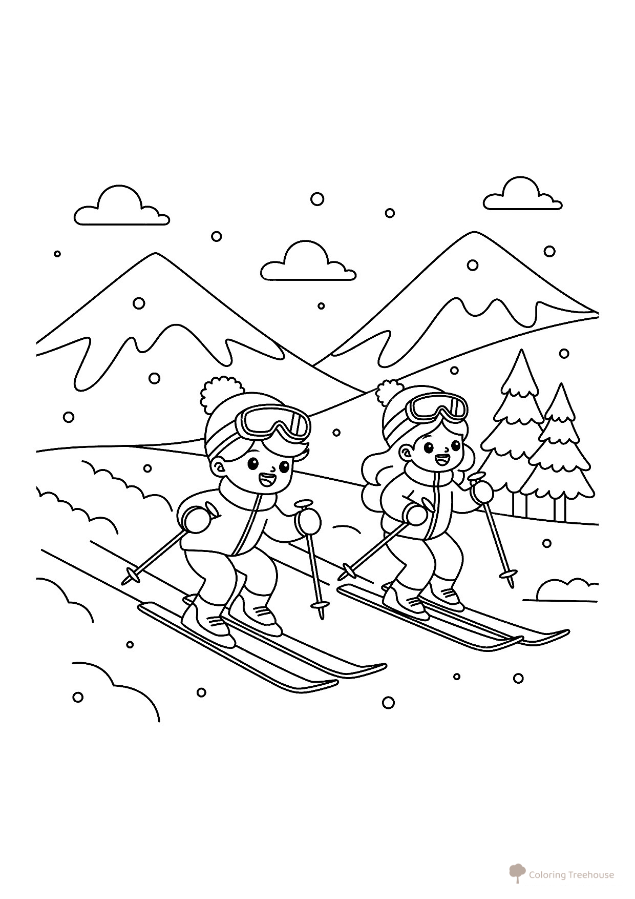 Página para colorear «Niños esquiando en las montañas» dibujo para colorear gratis de Páginas para colorear: deportes de invierno