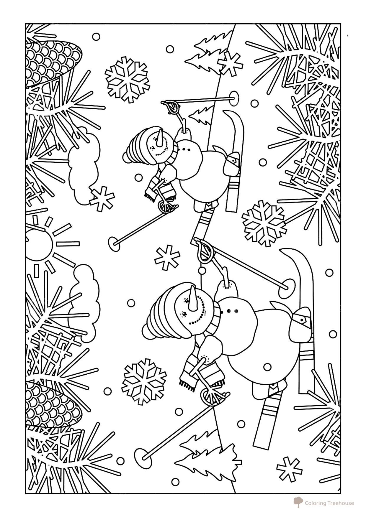 Página para colorear «Muñecos de nieve esquiando» dibujo para colorear gratis de Páginas para colorear: deportes de invierno