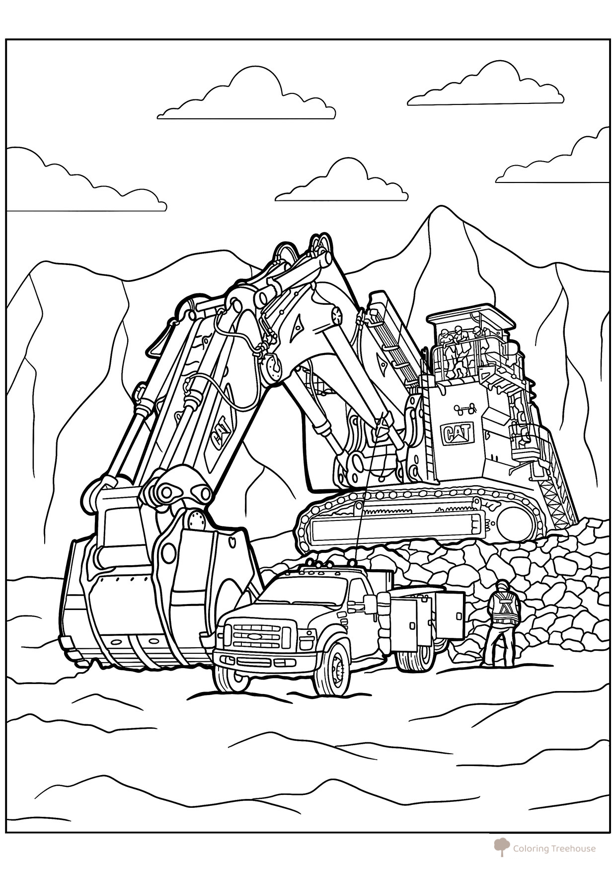 Página para colorear «Gran excavadora de cantera CAT» dibujo para colorear gratis de Páginas para colorear de excavadoras