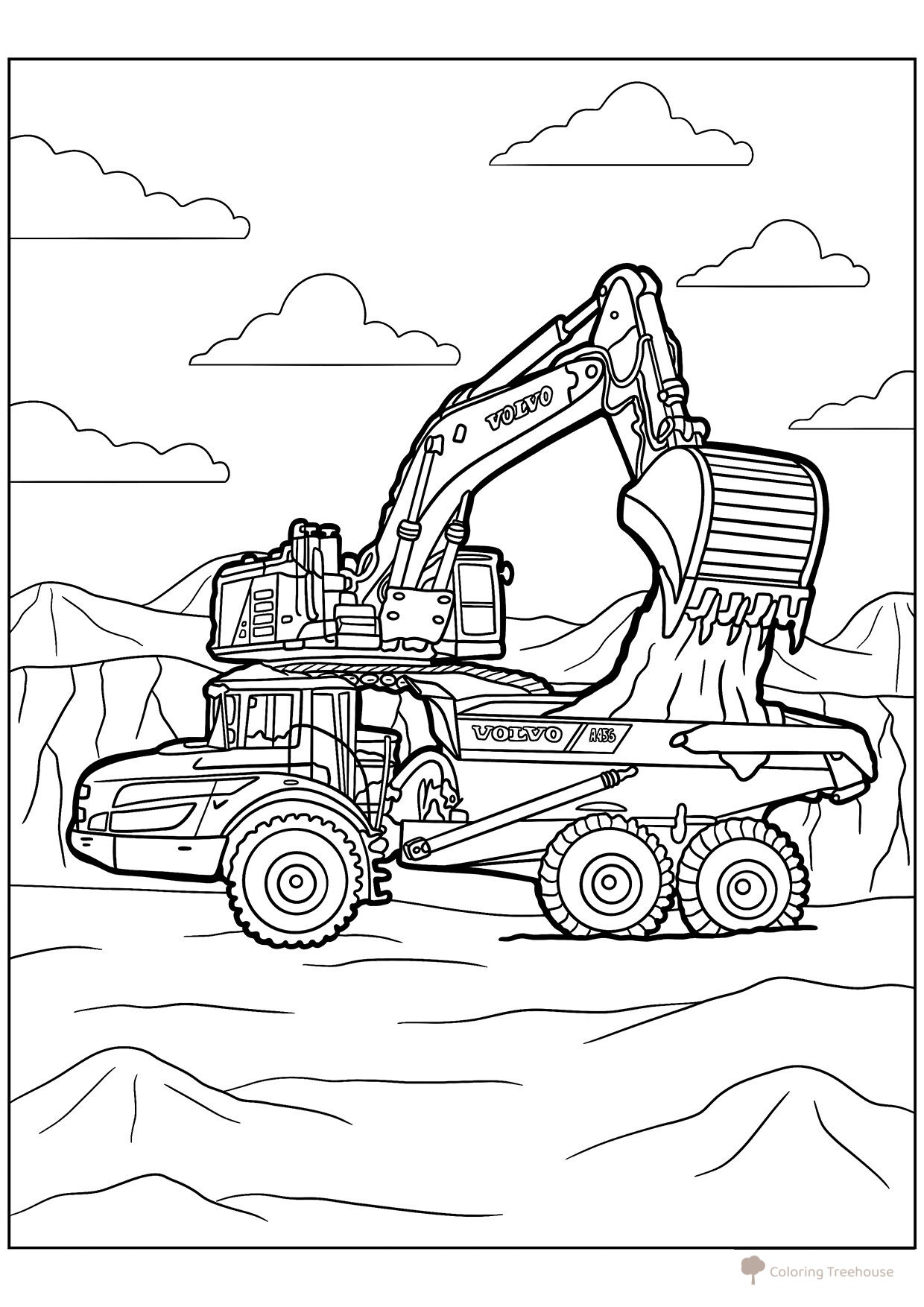 Volvo Excavator and Dump Truck Coloring Page free printable Excavator Coloring Pages coloring page