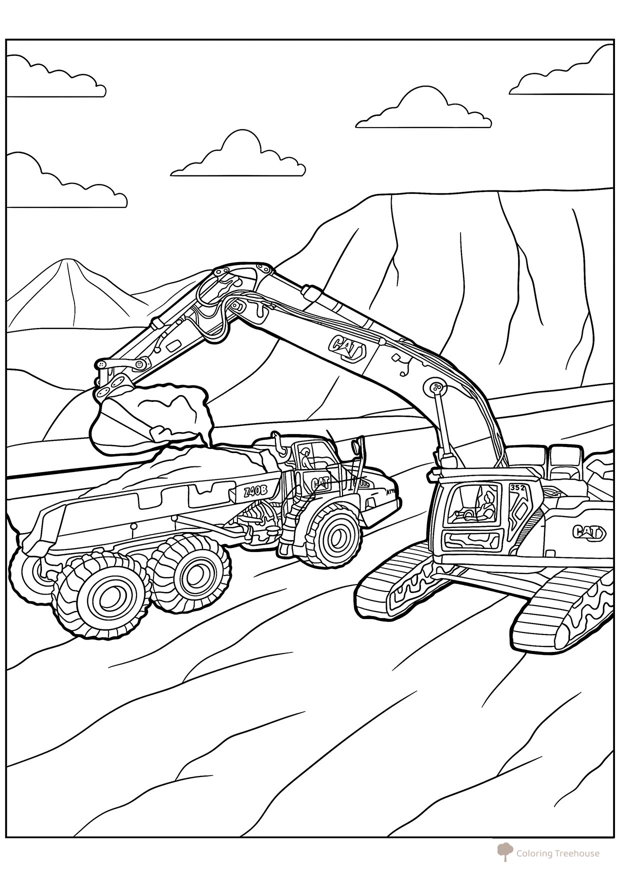Página para colorear «Excavadora de cantera cargando tierra en un volquete» dibujo para colorear gratis de Páginas para colorear de excavadoras