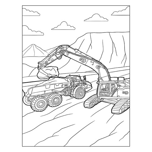 Página para colorear «Excavadora de cantera cargando tierra en un volquete» dibujo para colorear gratis de Páginas para colorear de excavadoras