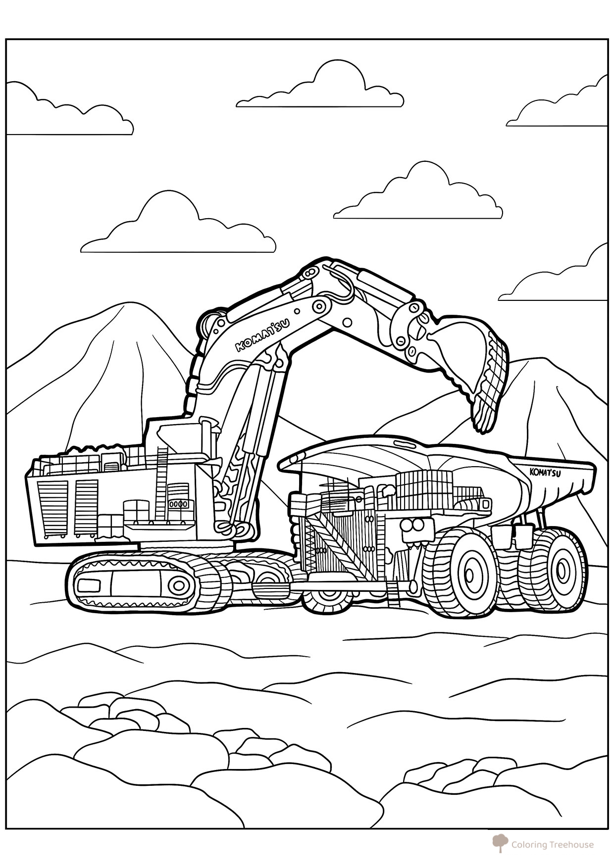 Página para colorear «Enorme excavadora y volquete» dibujo para colorear gratis de Páginas para colorear de excavadoras