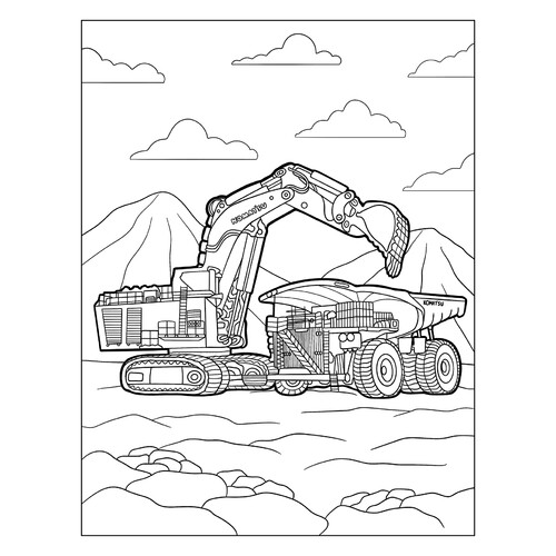 Página para colorear «Enorme excavadora y volquete» dibujo para colorear gratis de Páginas para colorear de excavadoras