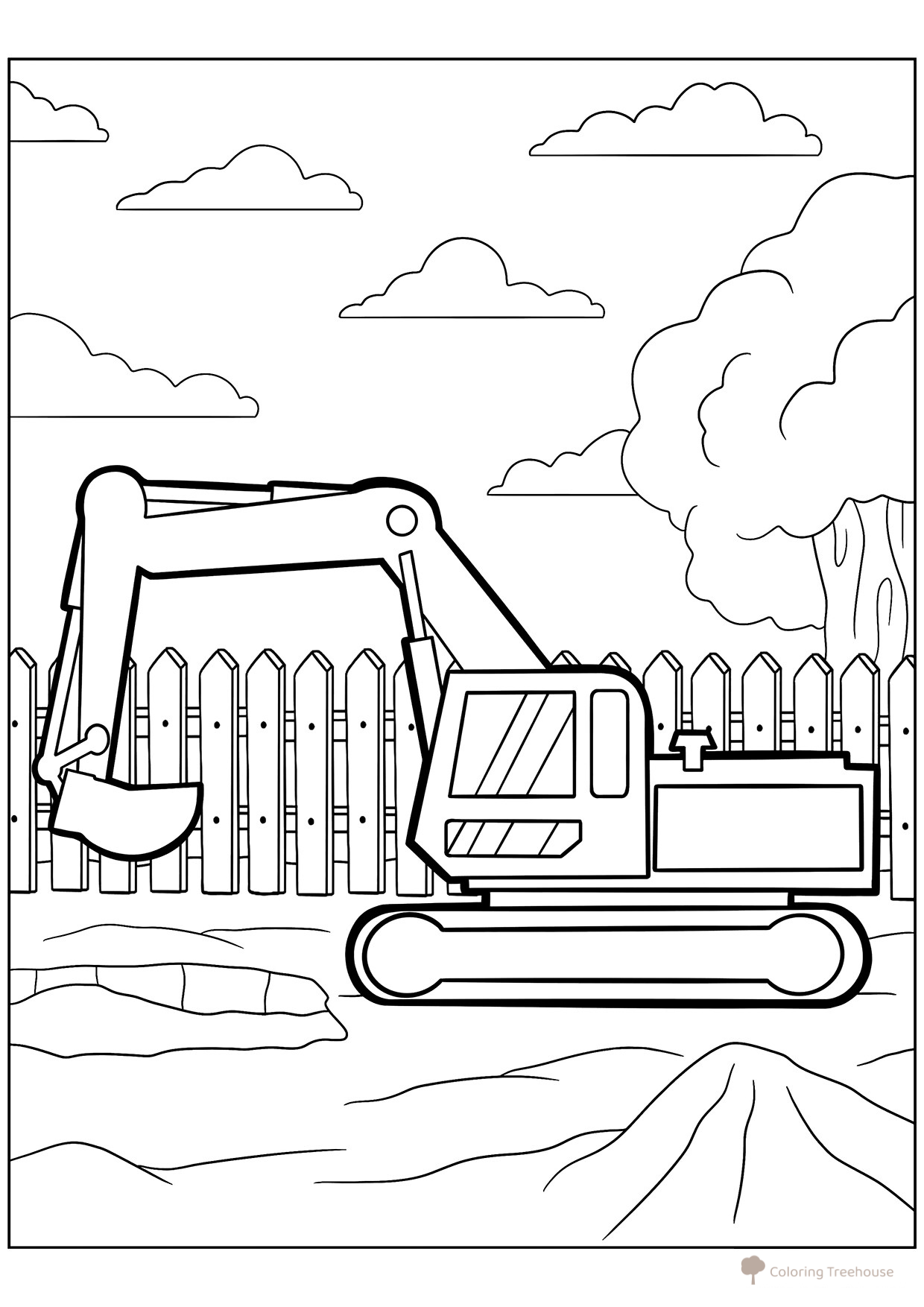 Simple Excavator Near a Fence Coloring Page free printable Excavator Coloring Pages coloring page