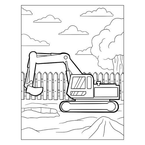 Página para colorear «Excavadora sencilla junto a la cerca» dibujo para colorear gratis de Páginas para colorear de excavadoras
