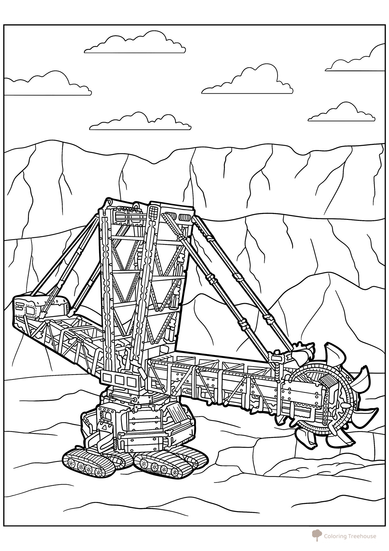 Página para colorear «Excavadora de cangilones para minería a cielo abierto» dibujo para colorear gratis de Páginas para colorear de excavadoras