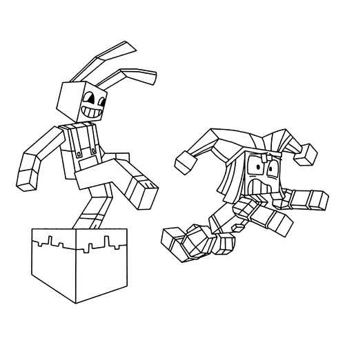Pomni and Dzheks Coloring Page — Minecraft-Style free printable Jax Coloring Pages from The Amazing Digital Circus coloring page