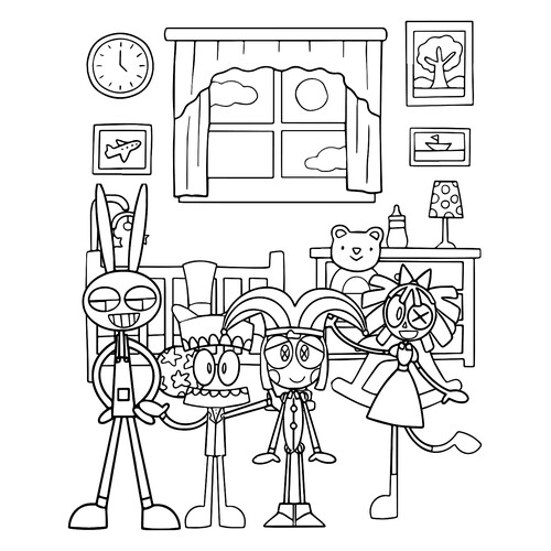 Dibujo para colorear «Джекс, Кейн, Помни и Рагата» dibujo para colorear gratis de Páginas para colorear de Pomni del circo digital
