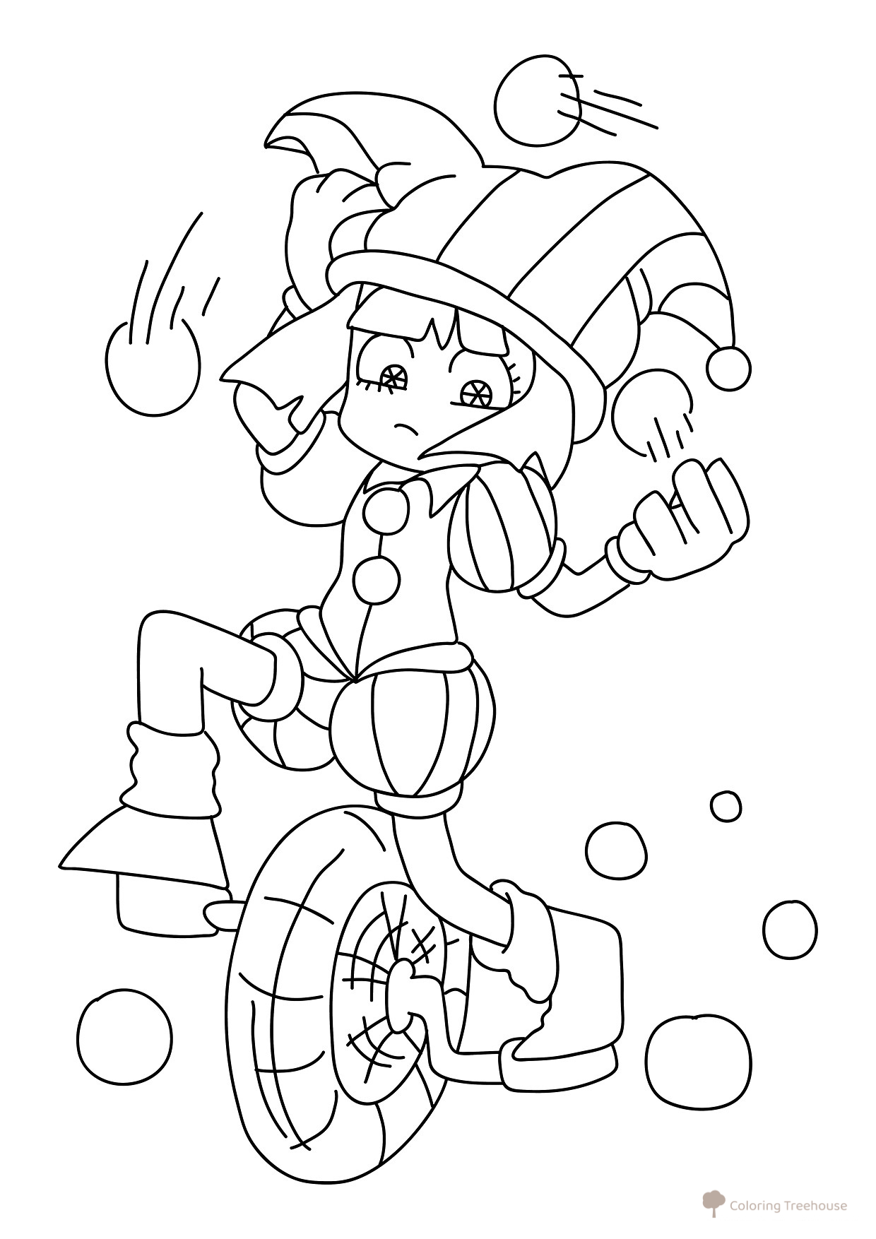Página para colorear «Pomni hace malabares en monociclo» dibujo para colorear gratis de Páginas para colorear de Pomni del circo digital