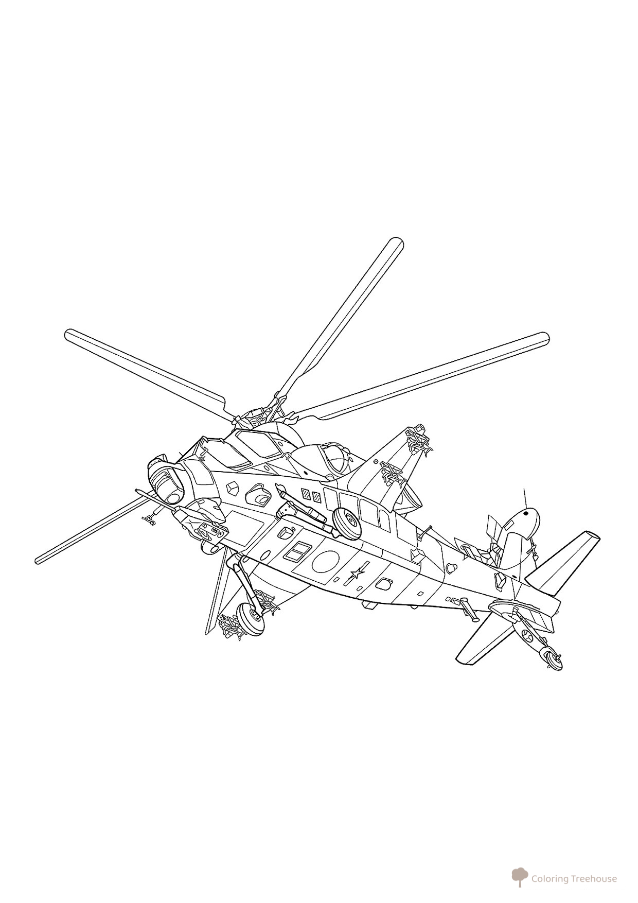 Página para colorear «Helicóptero visto desde abajo» dibujo para colorear gratis de Páginas para colorear de helicópteros militares