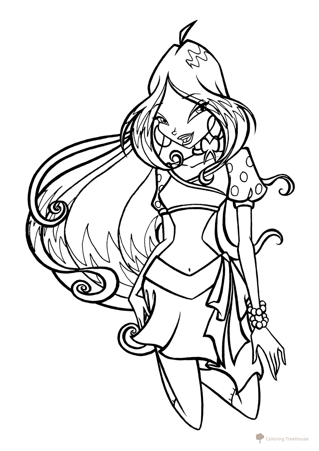 Flora (Winx) Coloring Page — Sitting on Her Knees free printable Flora Winx Coloring Pages coloring page