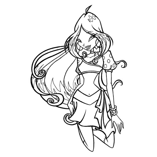 Página para colorear: Flora de Winx sentada de rodillas dibujo para colorear gratis de Páginas para colorear de Flora (Winx)