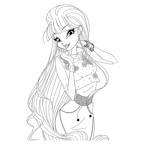 Página para colorear de Musa de Winx con vestido elegante dibujo para colorear gratis de Páginas para colorear de Musa (Winx)