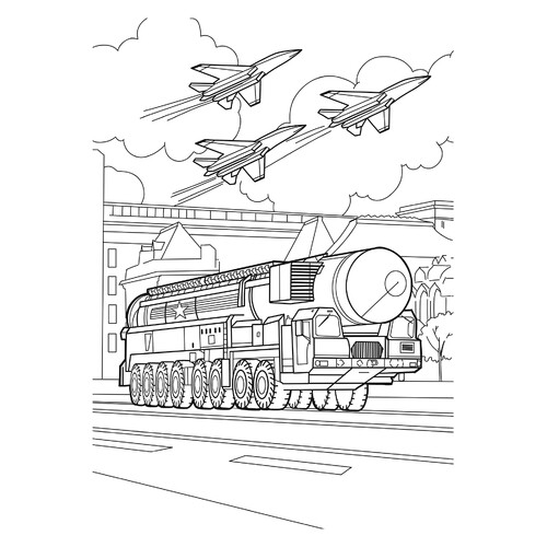 Página para colorear: Lanzadera autopropulsada 15U175M del complejo RS-24 «YARS» dibujo para colorear gratis de Páginas para colorear del 9 de mayo