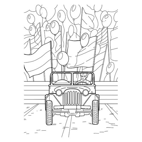 Página para colorear «Soldado en un jeep para el Día de la Victoria» dibujo para colorear gratis de Páginas para colorear del 9 de mayo