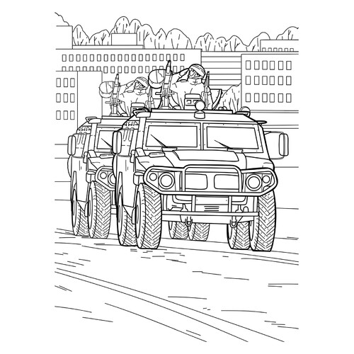 Página para colorear «Soldados saludan desde un BTR» dibujo para colorear gratis de Páginas para colorear del 9 de mayo