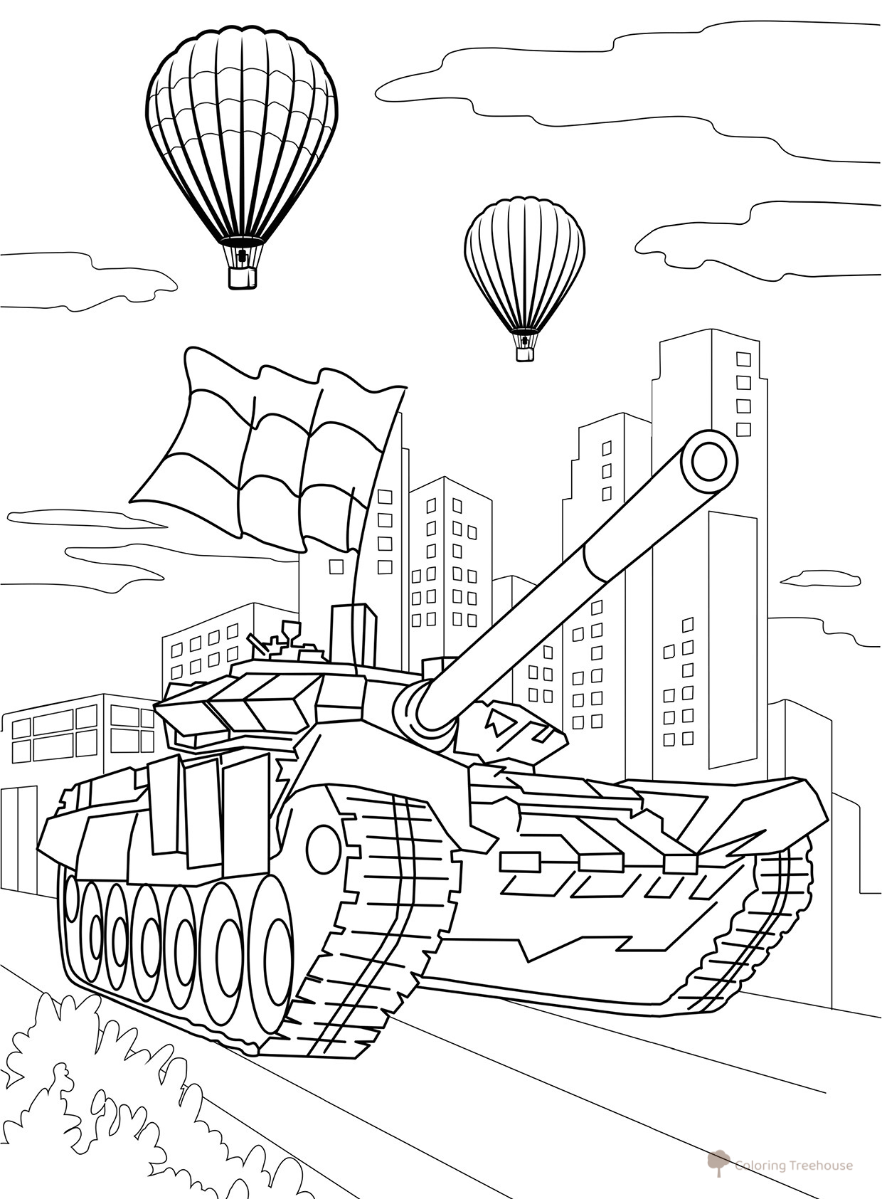 Página para colorear «Tanque y globos» dibujo para colorear gratis de Páginas para colorear del 9 de mayo