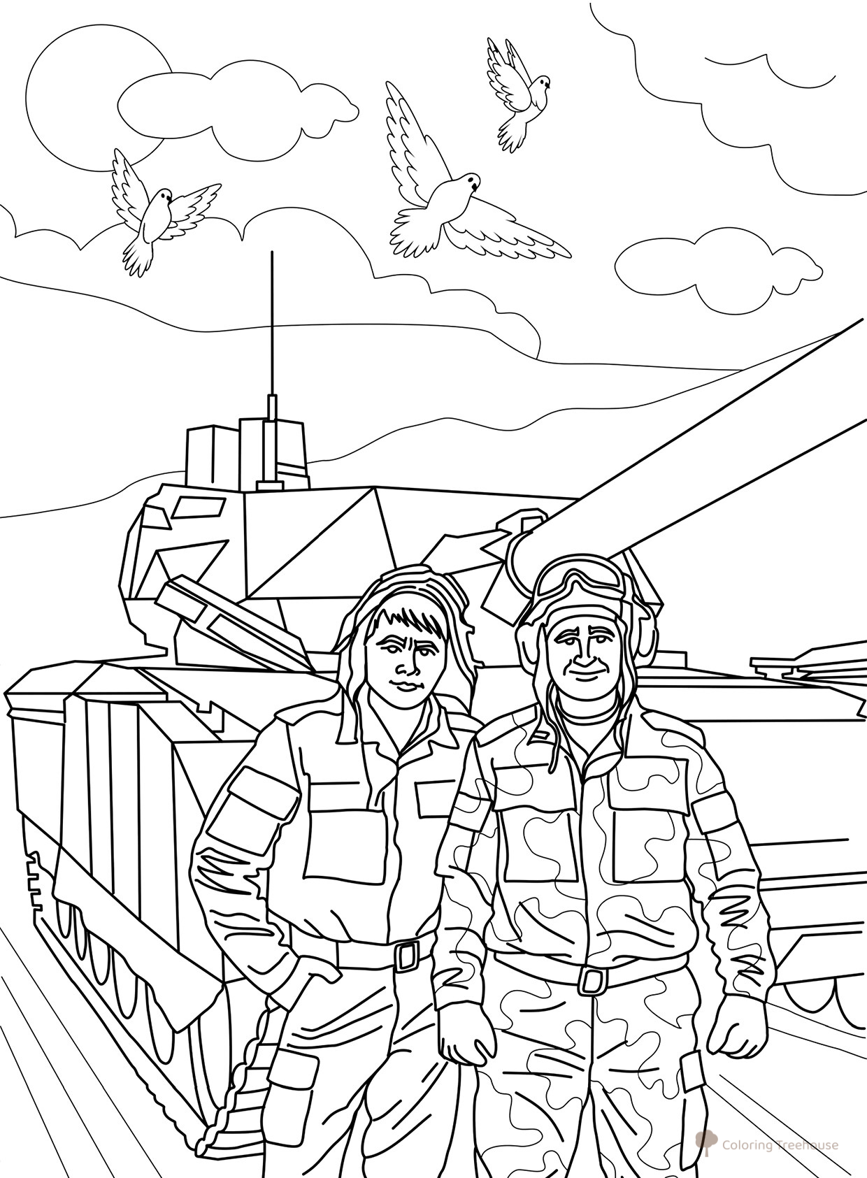 Página para colorear «Tanquistas para el Día de la Victoria» dibujo para colorear gratis de Páginas para colorear del 9 de mayo