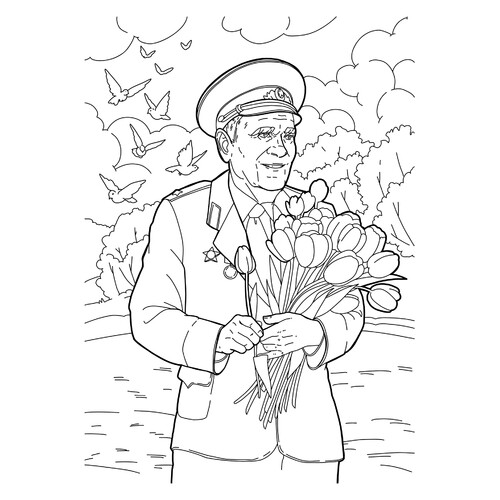 Página para colorear «Veterano con ramo de flores para el 9 de mayo» dibujo para colorear gratis de Páginas para colorear del 9 de mayo