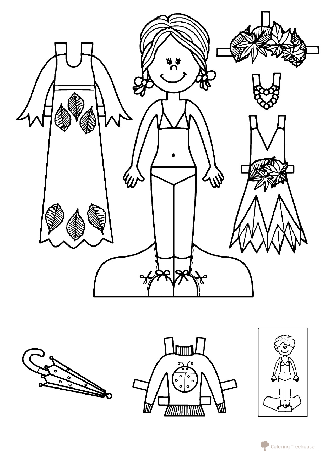 Póster para colorear: muñeca de papel Katya con trajes de otoño dibujo para colorear gratis de Páginas para colorear «Muñecas de papel»