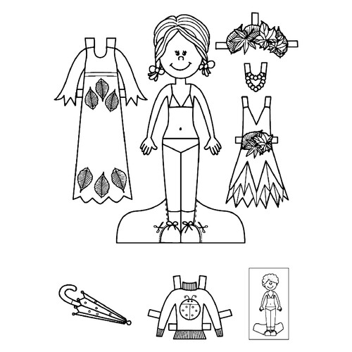 Póster para colorear: muñeca de papel Katya con trajes de otoño dibujo para colorear gratis de Páginas para colorear «Muñecas de papel»