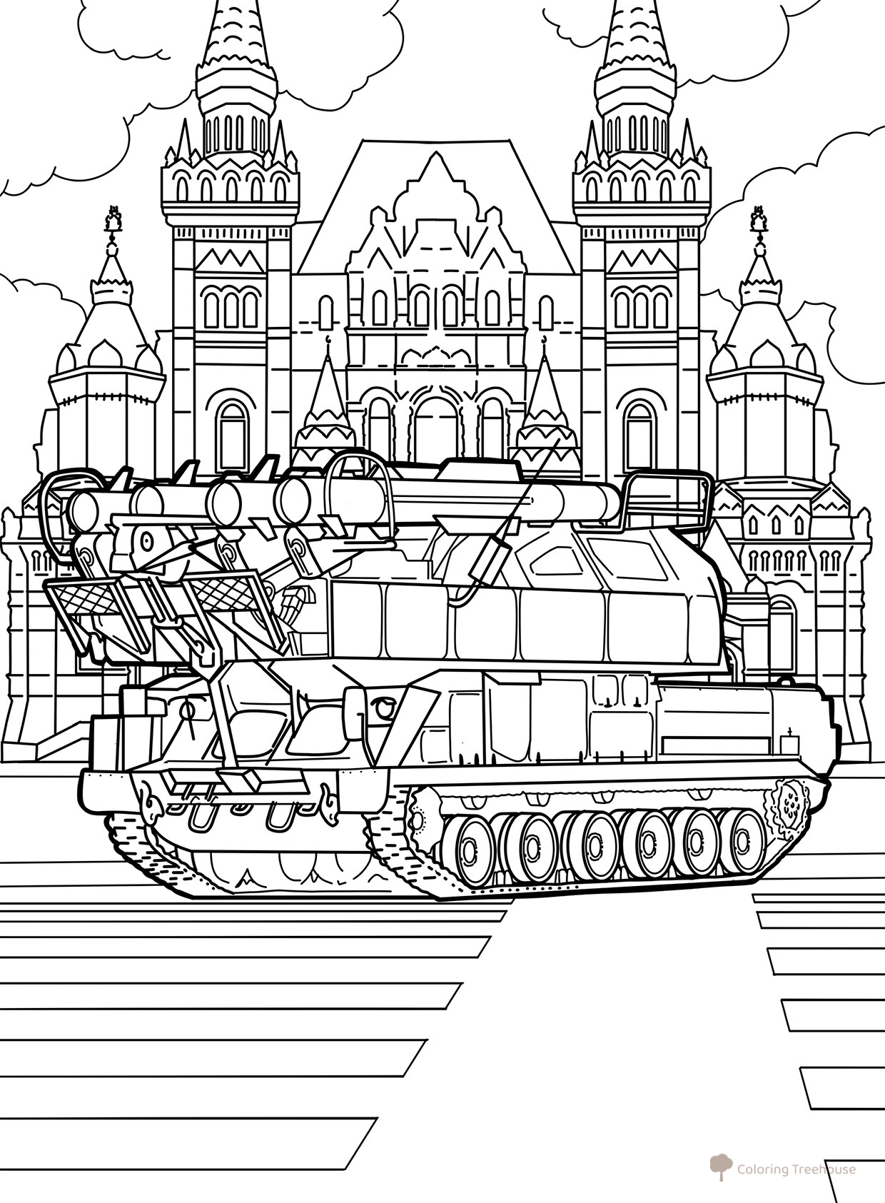 Página para colorear «Sistema de misiles antiaéreos Tor‑M2 en el 9 de mayo» dibujo para colorear gratis de Páginas para colorear del 9 de mayo