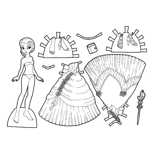 Paper Doll Coloring Page Featuring Ball Gowns free printable Paper Doll Coloring Pages coloring page