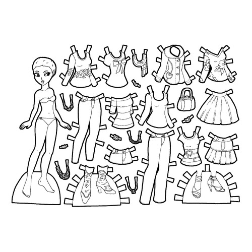 Paper Doll Coloring Page with Denim Outfit, Hearts, and Bows free printable Paper Doll Coloring Pages coloring page