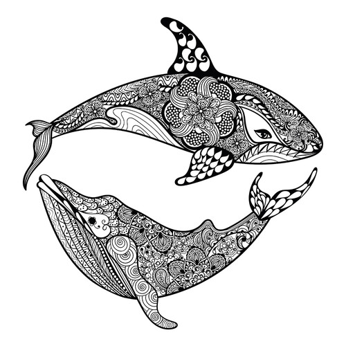 Página para colorear: Tiburón y ballena dibujo para colorear gratis de Complejas y bellas hojas para colorear de animales, aves, peces e insectos