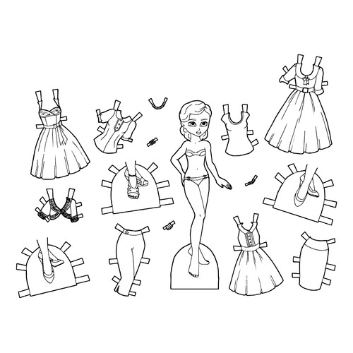 Printable Paper Doll Coloring Page with Beautiful Dresses free printable Paper Doll Coloring Pages coloring page