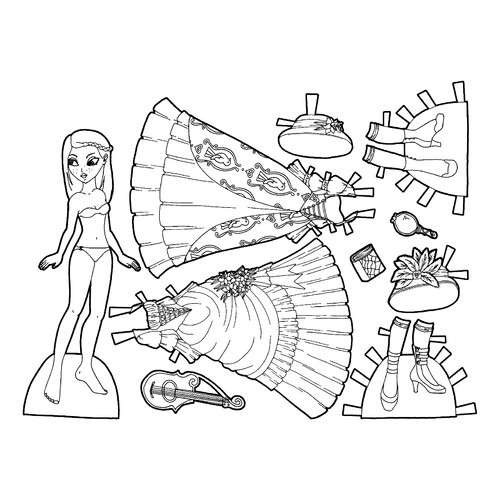 Paper Doll with Elegant Dresses Coloring Page free printable Paper Doll Coloring Pages coloring page