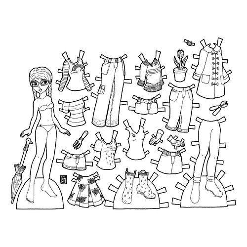 Rainy Weather Paper Doll Coloring Page free printable Paper Doll Coloring Pages coloring page