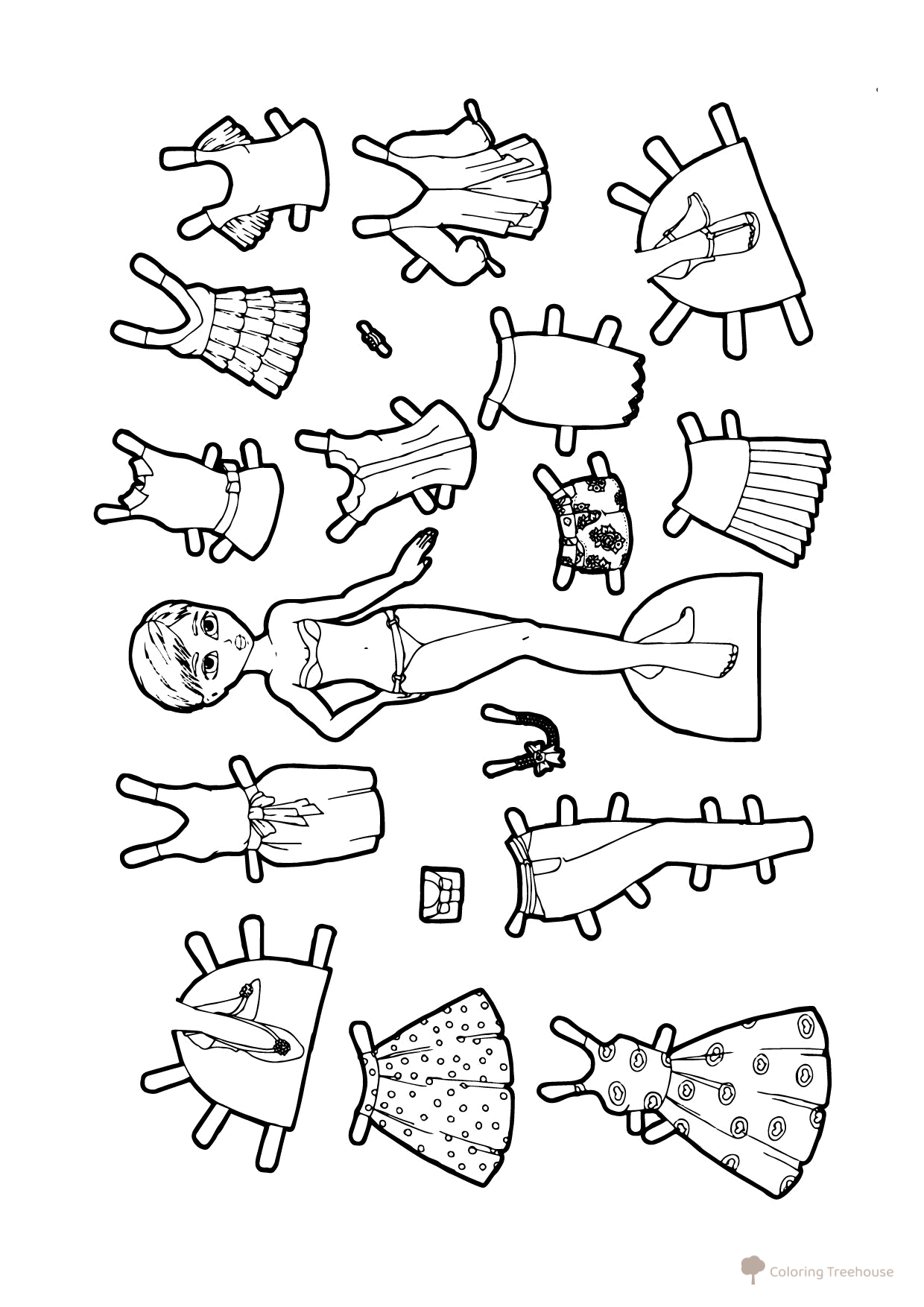 Página para colorear: muñeca de papel con ropa de volantes y lazos dibujo para colorear gratis de Páginas para colorear «Muñecas de papel»