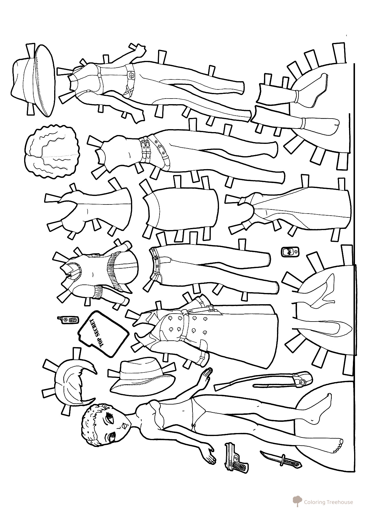 Página para colorear: Muñeca de papel con pelucas — Agente secreto dibujo para colorear gratis de Páginas para colorear «Muñecas de papel»