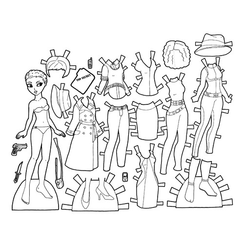 Secret Agent Paper Doll with Wigs Coloring Page free printable Paper Doll Coloring Pages coloring page