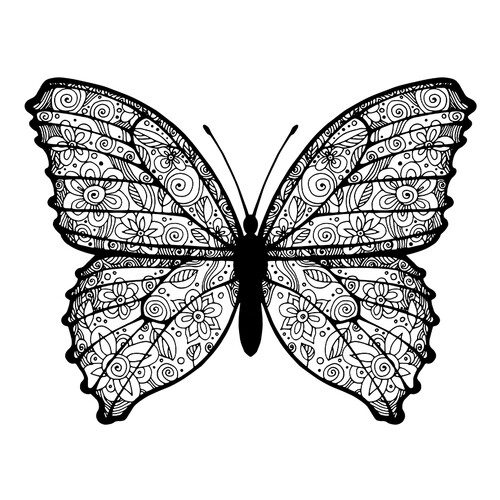 Página para colorear: Mariposa con dibujo floral dibujo para colorear gratis de Complejas y bellas hojas para colorear de animales, aves, peces e insectos