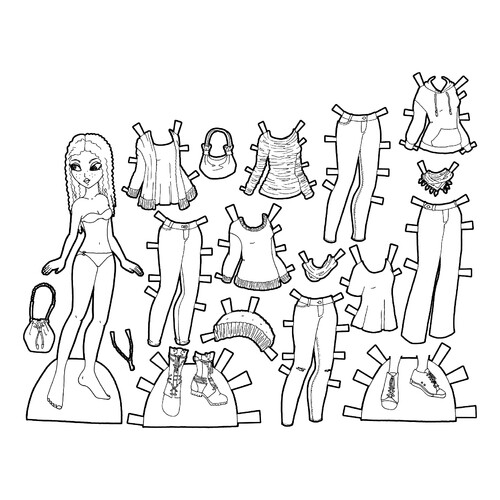 Black and White Paper Doll with Denim Clothing Coloring Page free printable Paper Doll Coloring Pages coloring page