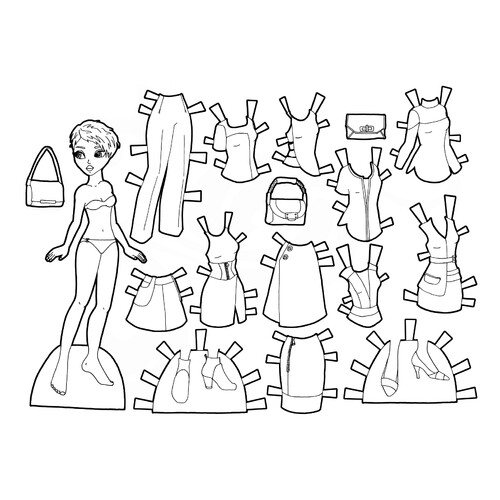 Elegant Black and White Paper Doll Coloring Page free printable Paper Doll Coloring Pages coloring page